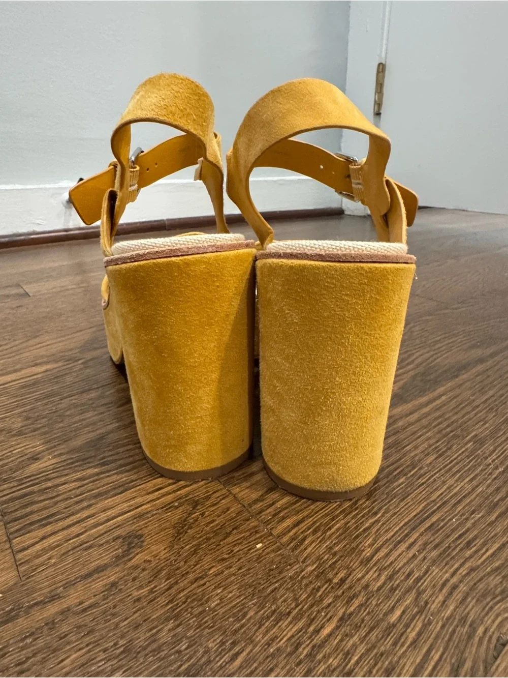 Dolce Vita Platform Suede Ankle-Strap Sandals in Mustard Yellow